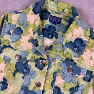 Pendleton Floral Corduroy Button Up Jacket Womens Size Petite Small Blue Green